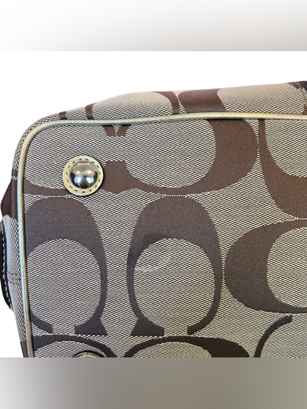 Coach Khaki Gold Y2K Vintage Kisslock Signature Stripe Framed Carryall Tote Bag - Picture 9 of 15